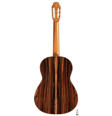 The back of a 2025 Darío García "Flamenco Negra" guitar made of spruce and kamagong