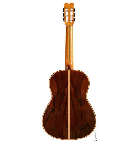 The back of a 2006 Conde Hermanos "Felipe V" flamenco negra guitar made of spruce and CSA rosewood