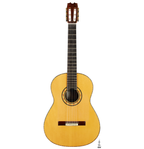 The front of a 2006 Conde Hermanos "Felipe V" flamenco negra guitar made of spruce and CSA rosewood