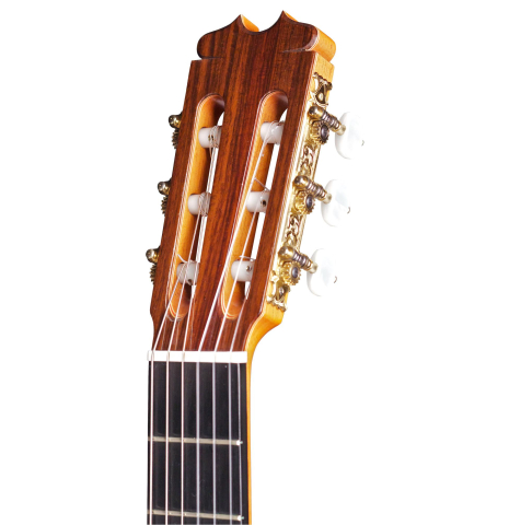 The headstock of a 2006 Conde Hermanos "AF 25" flamenco guitar made with spruce and Indian rosewood.