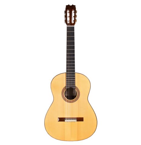 The front of a 2006 Conde Hermanos "AF 25" flamenco guitar made with spruce and Indian rosewood.