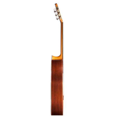 The side of a 2006 Conde Hermanos "AF 25" flamenco guitar made with spruce and Indian rosewood.