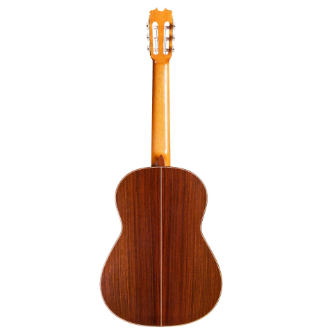 The back of a 2006 Conde Hermanos "AF 25" flamenco guitar made with spruce and Indian rosewood.