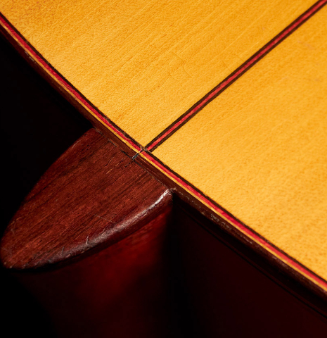 The back, heel-cap and purfling of a 1966 Conde Hermanos (Sobrinos de Esteso) ex Alberto Velez flamenco guitar made with spruce and cypress