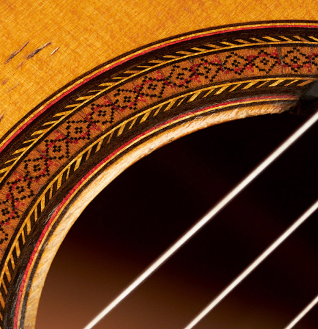 Closeup of the rosette of a 1966 Conde Hermanos (Sobrinos de Esteso) ex Alberto Velez flamenco guitar made with spruce and cypress