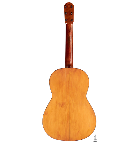 The back of a 1922 Santos Hernandez flamenco guitar with pegs made of spruce and cypress.