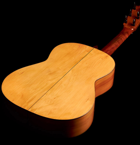 The back of a 1922 Santos Hernandez flamenco guitar with pegs made of spruce and cypress.