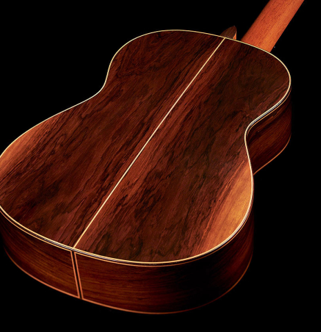 The back of a 2000 Conde Hermanos "AF 25/R" flamenco guitar made with spruce and CSA rosewood.