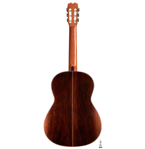 The back of a 2000 Conde Hermanos "AF 25/R" flamenco guitar made with spruce and CSA rosewood.