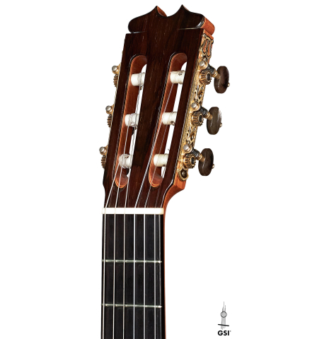The headstock of a 2000 Conde Hermanos "AF 25/R" flamenco guitar made with spruce and CSA rosewood.