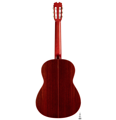 The back of a 2011 Felipe Conde "FC 27" flamenco guitar made with spruce and Indian rosewood
