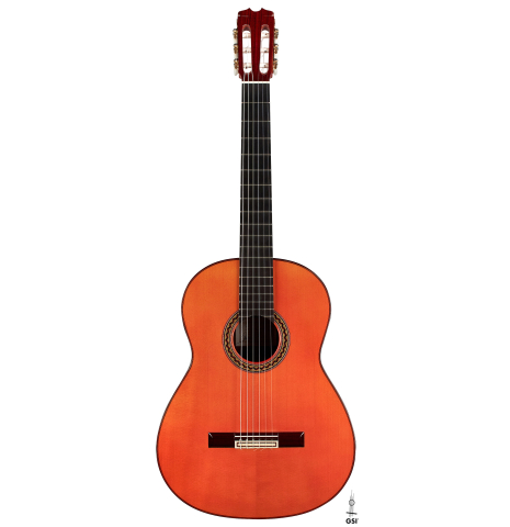 The front of a 2011 Felipe Conde "FC 27" flamenco guitar made with spruce and Indian rosewood