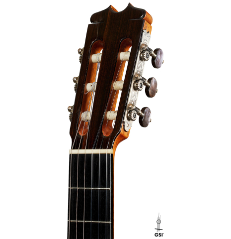 The headstock of a 2008 Conde Hermanos "AF 25/R" flamenco guitar made with spruce and CSA rosewood.