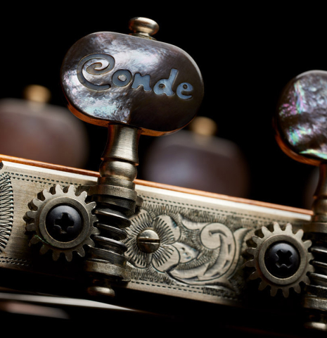 The tuning machines of a 2008 Conde Hermanos "AF 25/R" flamenco guitar made with spruce and CSA rosewood.