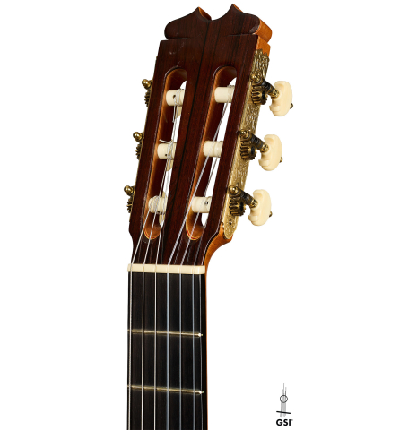 The headstock of a 2006 Conde Hermanos "Felipe V" flamenco guitar made of spruce and cypress