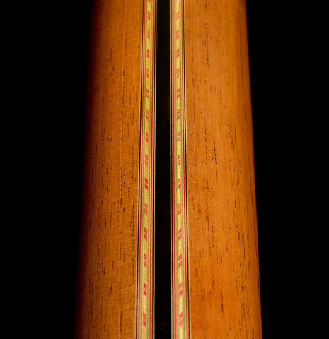 The inlay work on the back of the neck of a 2006 Conde Hermanos "Felipe V" flamenco guitar made of spruce and cypress