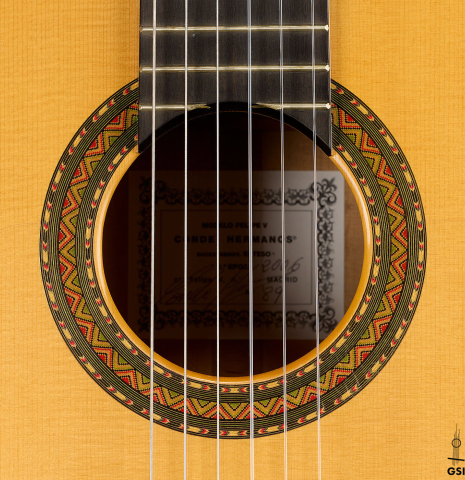 The rosette of a 2006 Conde Hermanos "Felipe V" flamenco guitar made of spruce and cypress