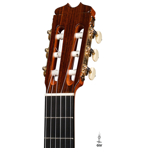 The headstock and machine heads of a 2010 Felipe Conde &quot;FC 27&quot; flamenco guitar made with spruce and Indian rosewood