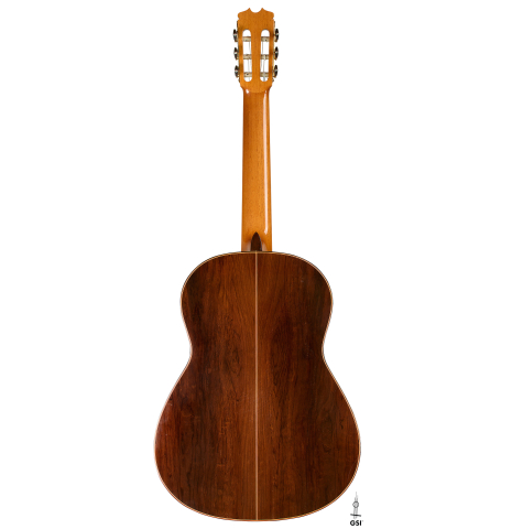 The back of a 2001 Conde Hermanos "AF 25/R" flamenco guitar made of spruce and CSA rosewood