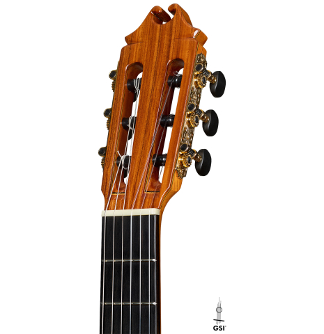 The headstock of a 2025 Juan Hernandez "Flamenca Profesional" flamenco guitar made of spruce and cypress