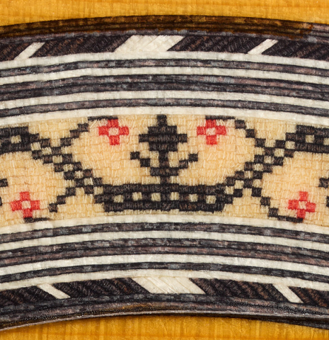 Detail of the mosaic in the rosette of a 2025 Juan Hernandez "Flamenca Profesional" flamenco guitar made of spruce and cypress