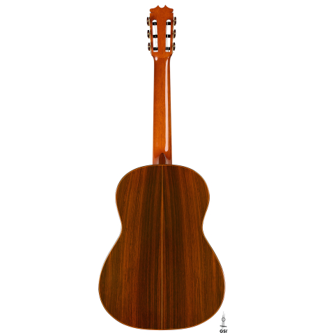 The back of a 1987 Conde Hermanos "Negra" flamenco guitar made of spruce and Indian rosewood