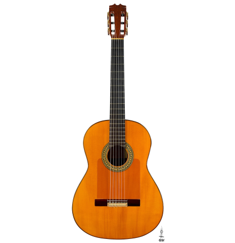 The front of a 1987 Conde Hermanos "Negra" flamenco guitar made of spruce and Indian rosewood