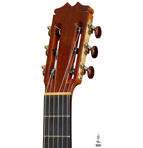The headstock of a 1987 Conde Hermanos "Negra" flamenco guitar made of spruce and Indian rosewood