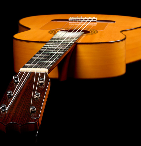 View from the peghead of a 1992 Conde Hermanos w/pegs flamenco guitar made of spruce and cypress