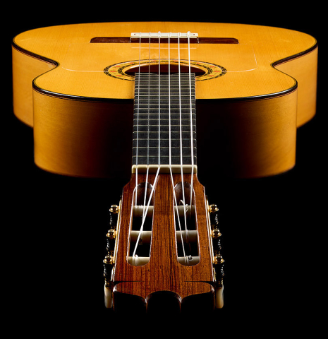 View from teh headstock of a 1999 Conde Hermanos "Concert Blanca" made of spruce and cypress
