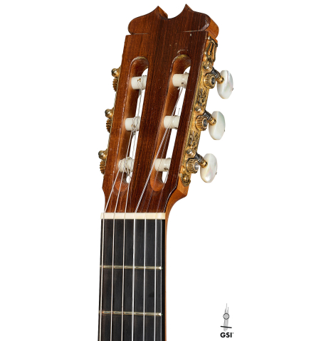 The headstock of a 1999 Conde Hermanos "Concert Blanca" made of spruce and cypress