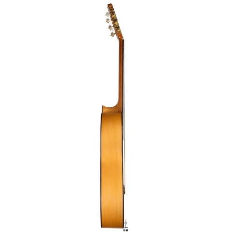 The side of a 1999 Conde Hermanos "Concert Blanca" made of spruce and cypress