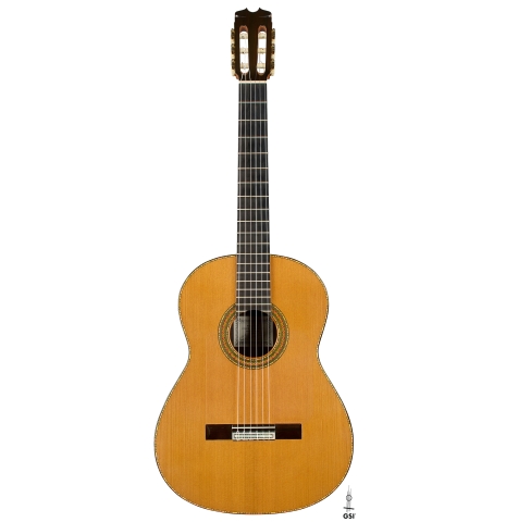 The front of a 2001 Conde Hermanos "Felipe V" flamenco negra guitar made of cedar and CSA rosewood