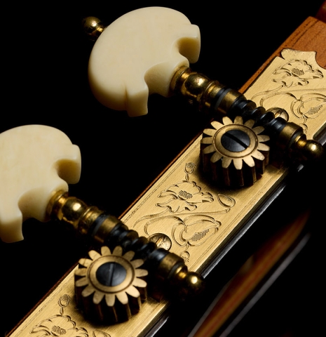 The Rodgers tuning machines of a 2001 Conde Hermanos "Felipe V" flamenco negra guitar made of cedar and CSA rosewood