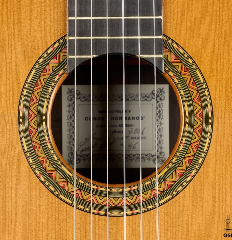 The rosette of a 2001 Conde Hermanos "Felipe V" flamenco negra guitar made of cedar and CSA rosewood