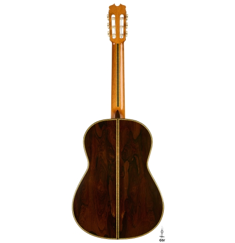 The back of a 2001 Conde Hermanos "Felipe V" flamenco negra guitar made of cedar and CSA rosewood