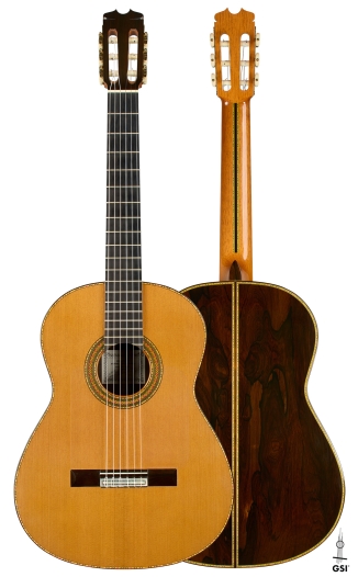 Front and back of a 2001 Conde Hermanos "Felipe V" No. 46 flamenco guitar, cedar and CSA rosewood