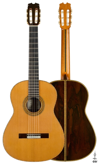 Front and back of a 2001 Conde Hermanos "Felipe V" No. 46 flamenco guitar, cedar and CSA rosewood