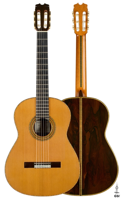 Front and back of a 2001 Conde Hermanos "Felipe V" No. 46 flamenco guitar, cedar and CSA rosewood