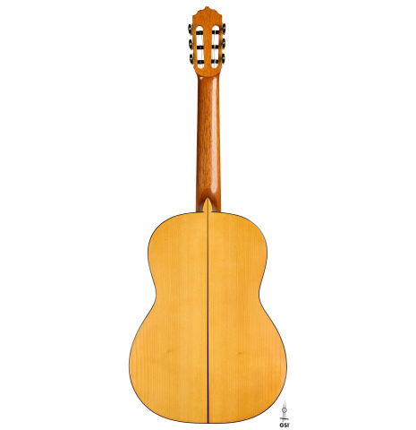 The back of a 2017 Stephen Hill "2a Blanca" flamenco guitar made of spruce and cypress