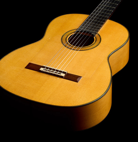 The top and sides of a 2017 Stephen Hill "2a Blanca" flamenco guitar made of spruce and cypress
