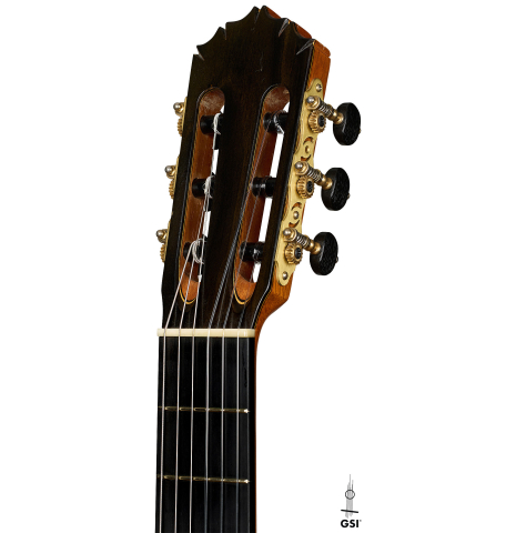 The headstock of a 2017 Stephen Hill "2a Blanca" flamenco guitar made of spruce and cypress