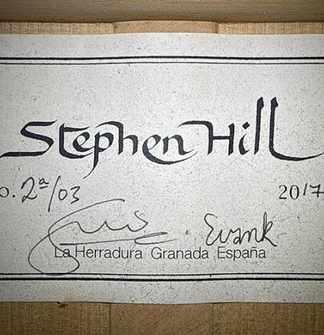 The label of a 2017 Stephen Hill "2a Blanca" flamenco guitar made of spruce and cypress