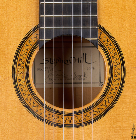 The rosette of a 2017 Stephen Hill "2a Blanca" flamenco guitar made of spruce and cypress