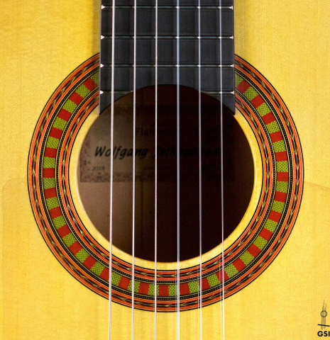 The rosette of a Wolfgang Jellinghaus "Flamenca Blanca" flamenco guitar made of spruce and cypress