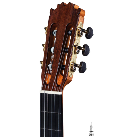 The headstock of a Wolfgang Jellinghaus "Flamenca Blanca" flamenco guitar made of spruce and cypress