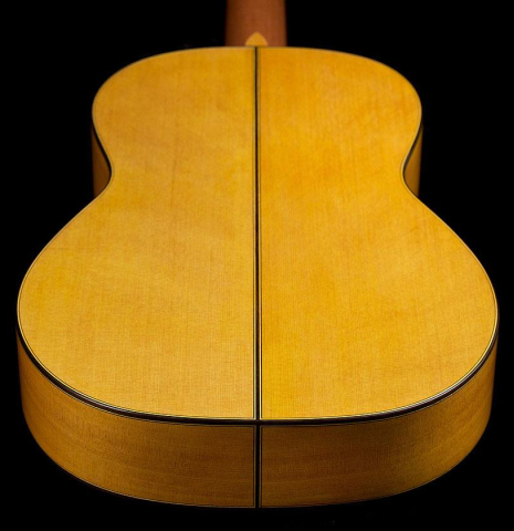 The back and sides of a Wolfgang Jellinghaus "Flamenca Blanca" flamenco guitar made of spruce and cypress
