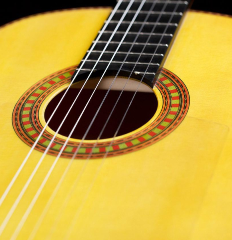 The soundboard of a Wolfgang Jellinghaus "Flamenca Blanca" flamenco guitar made of spruce and cypress