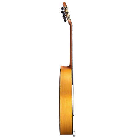 The side of a Wolfgang Jellinghaus "Flamenca Blanca" flamenco guitar made of spruce and cypress