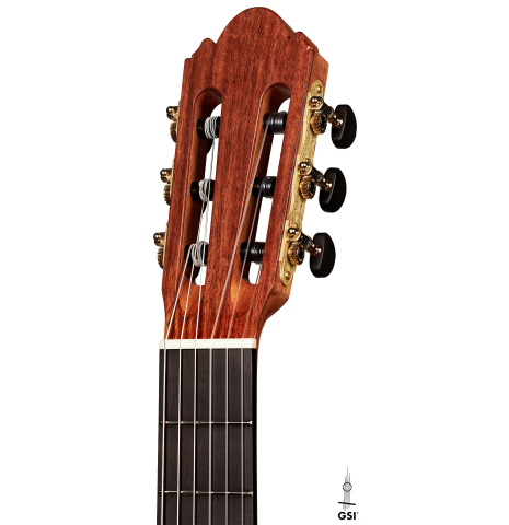 The headstock of a 2023 Wolfgang Jellinghaus "Flamenca Negra" flamenco guitar with spruce and Granadillo.